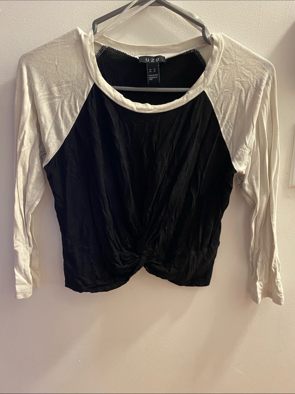 U2B Black & White Raglan Twist-Front Long Sleeve Tee